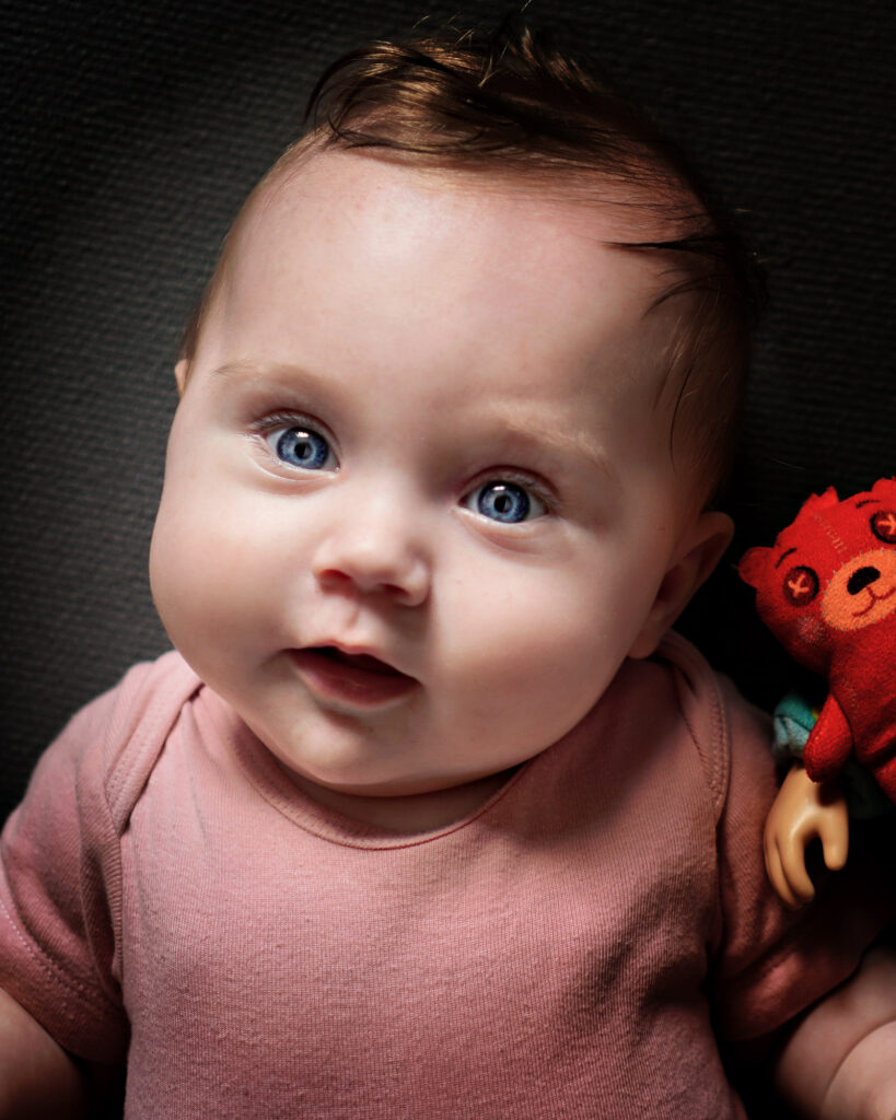 Baby in rosa Body mit Kuscheltier &ndash; liebevolle Kinderfotografie im Main-Kinzig-Kreis