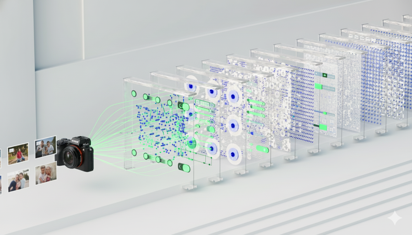 Abstrakte digitale Darstellung von KI in der Fotografie. Links ist der Umriss einer modernen Systemkamera platziert, von der aus helle, weitl&auml;ufige t&uuml;rkise und gr&uuml;ne Linien nach rechts flie&szlig;en. Diese Linien symbolisieren Datenstr&ouml;me und Algorithmen, die zu abstrakten Software-Elementen, Reglern und Bearbeitungseffekten f&uuml;hren. Der Hintergrund ist hell und modern, wodurch der Fokus auf den innovativen Bearbeitungsprozess der k&uuml;nstlichen Intelligenz liegt.