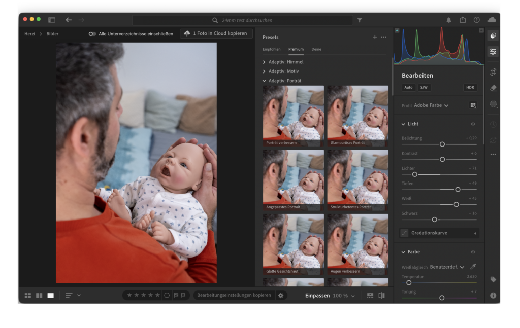 Screenshot von Adobe Lightroom wie ein Bild mit den Reglern f&uuml;r Lichteinstellungen auf der rechten Seite bearbeitet wird