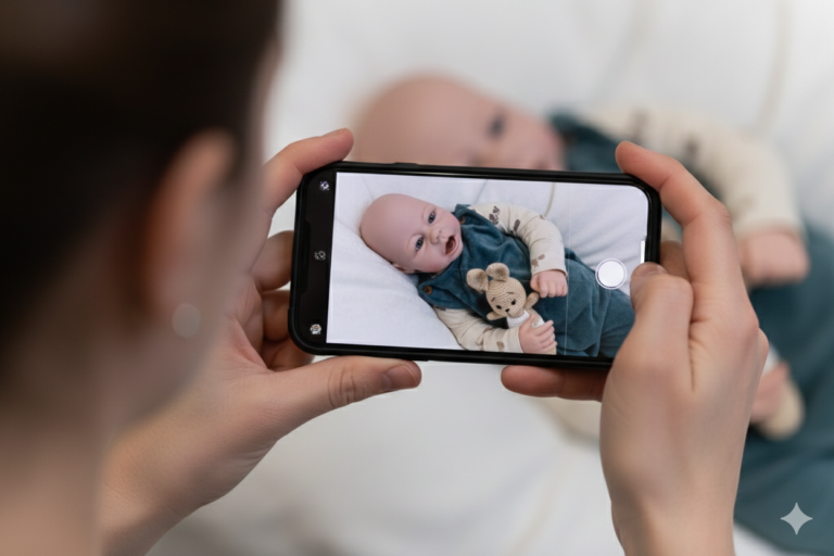 Person fotografiert eine Babypuppe, die vor ihm liegt, mit dem Handy f&uuml;r Babyfotos zu Hause